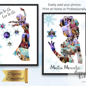Può includere: Due stampe digitali incorniciate. Una presenta la silhouette di una donna piena di foto, fiocchi di neve e la scritta "Let It Go". L'altra dice "Magical Memories". Entrambe sono in cornici nere con sfondo bianco.