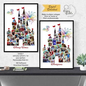 Disneyland & DisneyWorld Photo Collage Templates- Home Decor Digital Printable File - Vacation Photo Collage