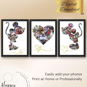 Può includere: Tre collage fotografici incorniciati. Due sono sagome di Topolino e uno a forma di cuore, tutti riempiti di foto. Sono visibili dettagli dorati e la scritta "Digital Download". Sono visibili anche le scritte "Easily add your photos" e "Print at Home or Professionally".