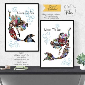 Mermaid Ariel Photo Collage Pack - Personalised Disney Princess Wall Art - Home Decor Digital Printable File - Vacation Photo Collage