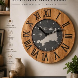 Solid Oak Cornwall Wall Clock | Engraved Slate Map, Rustic Coastal Home Decor, 53cm Handmade