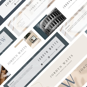 Puede incluir: Una colecci&oacute;n de gr&aacute;ficos de redes sociales con un dise&ntilde;o minimalista en un esquema de color azul y blanco. Los gr&aacute;ficos incluyen texto que dice "JORDYN WATTS" y "Senior Marketing Manager".