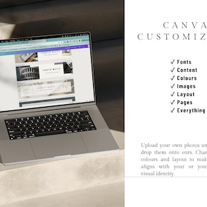 Puede incluir: Un ordenador port&aacute;til que muestra un sitio web con el texto "Jordan Watts" en la pantalla. El port&aacute;til est&aacute; en un conjunto de escaleras de hormig&oacute;n. El texto "CANVA CUSTOMIZING" est&aacute; en el lado derecho de la imagen con una lista de caracter&iacute;sticas: Fuentes, Contenido, Colores, Im&aacute;genes, Dise&ntilde;o, P&aacute;ginas, Todo. El texto debajo de la lista dice: "Sube tus propias fotos y arr&aacute;stralas y su&eacute;ltalas en las nuestras. Cambia las fuentes, los colores y el dise&ntilde;o para asegurarte de que se alinee con tu identidad visual o la de tu cliente."