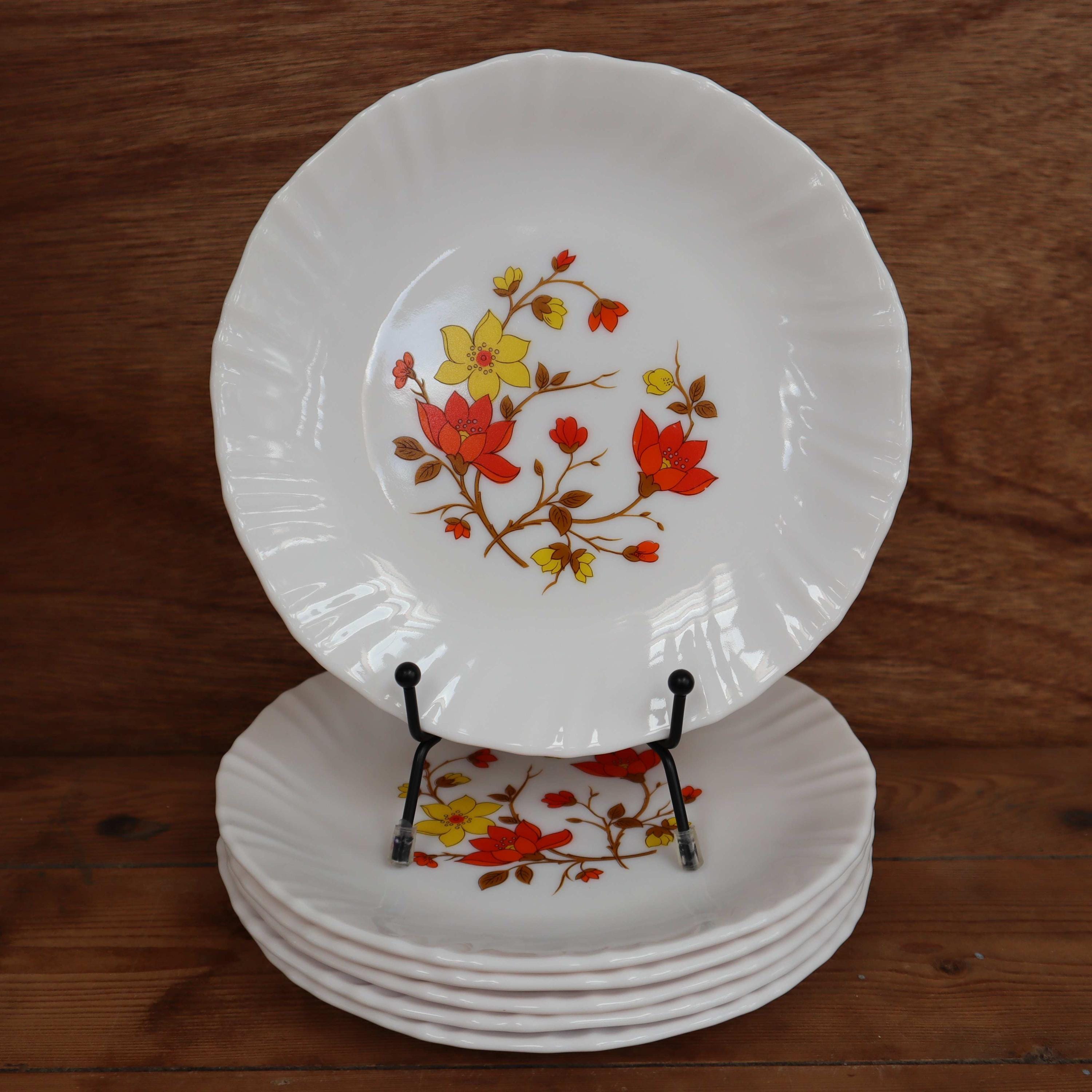Lot De 6 Ou 12 Assiettes à Dessert Arcopal Scania - Motif Orange Fleurs - Vintage France