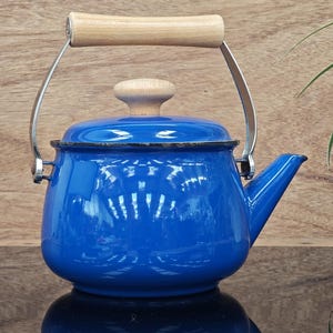Antique Aubecq teapot or kettle in blue enamelled sheet metal and wood