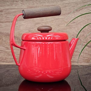 Antique Aubecq teapot or kettle in red enamelled sheet metal and wood