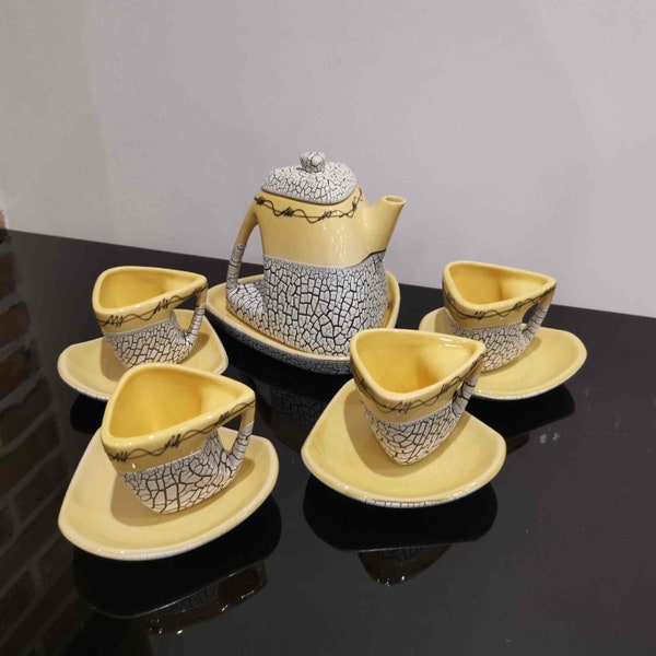 Cracked yellow Bat Trang tea set made in Vietnam