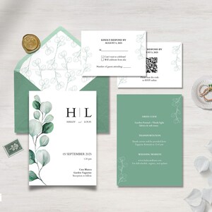 Moderne Botanische Hochzeitseinladung Vorlage Canva | Bearbeitbar Einladen Set mit Antwortkarten, Detailkarte & Umschlageinlage | 5 x 7 Digitaler Download