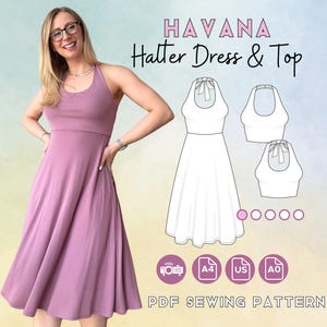 May include: A woman wearing a mauve halter dress. The image includes a line drawing of the dress and top, along with the text "HAVANA Halter Dress & Top" and "PDF SEWING PATTERN".