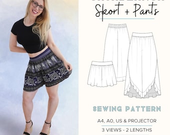 Casablanca Skort & Palazzo Pants | Easy Beginner PDF Sewing Pattern | A0 A4 US Projector + Tutorial | Skirt with Shorts / Wide Leg Trousers
