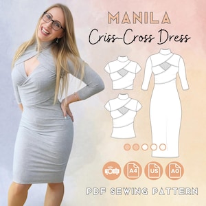 Vestido o top ajustado / Patrón de costura fácil para principiantes en PDF / A0, A4, EE. UU., Proyector + Tutorial / Tejido elástico, jersey y de punto / Cuello alto corto