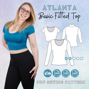 Puede incluir: Una mujer con un top corto turquesa y leggings negros. La imagen incluye un gráfico de un patrón de costura de top básico ajustado con tres variaciones. El texto dice "ATLANTA Basic Fitted Top" y "PDF SEWING PATTERN".