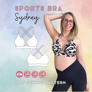 May include: A sports bra pattern with the name "Sydney" in cursive script. The image shows a woman wearing a black and white patterned sports bra. The words "Sports Bra" and "PDF Sewing Pattern" are also visible.