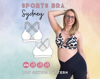 May include: A sports bra pattern with the name "Sydney" in cursive script. The image shows a woman wearing a black and white patterned sports bra. The words "Sports Bra" and "PDF Sewing Pattern" are also visible.