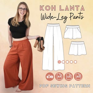 Op de afbeelding: Roestkleurige broek met wijde pijpen en een elastische tailleband. De afbeelding toont ook een zwarte top, hoge hakken en een PDF-naaipatroon met de tekst "KOH LANTA Wide-Leg Pants".