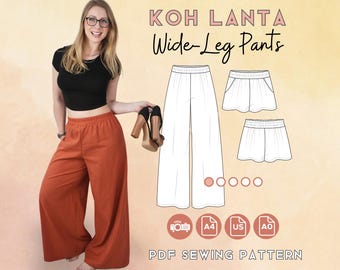 Wide-Leg Pants & Shorts | Easy PDF Sewing Pattern | Sizes XS-9XL | Palazzo trousers with pockets + elastic waistband | A4/A0/US/Projector
