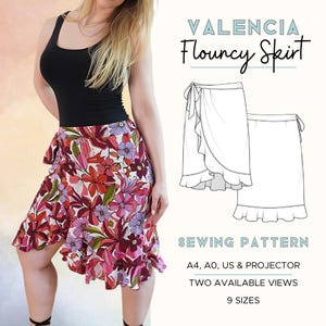 Valencia Wrap Skirt with Ruffles | Easy PDF Sewing Pattern | A0, A4, US, Projector | Detailed instructions & Videos | Midi skirt in 9 Sizes
