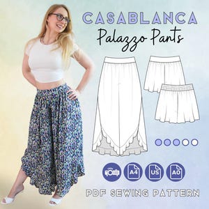 Pantalones Palazzo y Falda Pantalón / Patrón de Costura Fácil para Principiantes en PDF / Proyector A0 A4 (EE. UU.) + Tutorial / Pantalones Harem de Pierna Ancha con Cintura Elástica