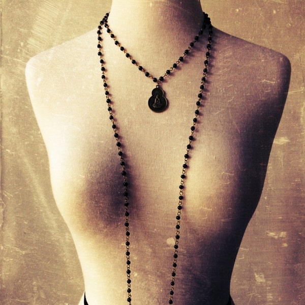 Long Beaded Necklace with Buddha Pendant ~ Black beads ~ Buddha Coin ~ Double Wrap Necklace ~ Yoga Gift