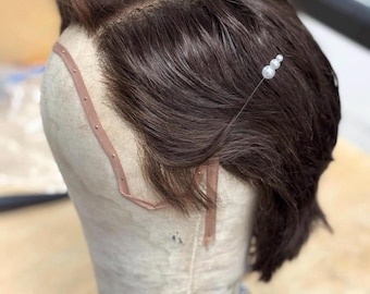 Men’s short brunette Human Hair hand knotted lace front wig (theatre lace) transparent.