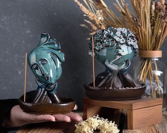 Bruciatore di incenso in ceramica creativo con volto umano, porta incenso a cascata, incenso meditativo, aromaterapia, decorazione zen naturale