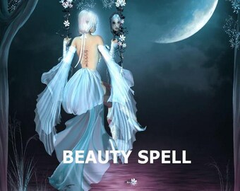 May include: A woman in a white dress with flowing sleeves sits on a swing in a moonlit forest. The text "BEAUTY SPELL" is written below her.