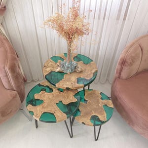 Grünes 3-teiliges Couchtisch-Set aus Epoxidharz, rundes olivfarbenes Couchtisch-Set, runder mittlerer Couchtisch, Teetisch