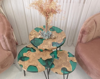Green Epoxy Resin Coffee Table Set of 3, Handmade Olive Wood Accent Tables