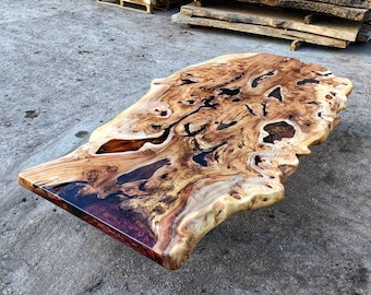 Mesa de olmo de borde vivo de epoxi rojo, escritorio de trabajo natural relleno de epoxi, mesa de comedor de losas de olmo rústico
