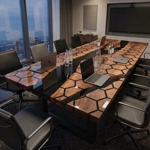 Mesa de comedor de epoxi negra con diseño de panal, mesa de comedor de madera de nogal cortada a medida, muebles de cocina recuperados imagen 1