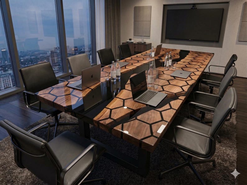 Mesa de comedor de epoxi negra con diseño de panal, mesa de comedor de madera de nogal cortada a medida, muebles de cocina recuperados imagen 1