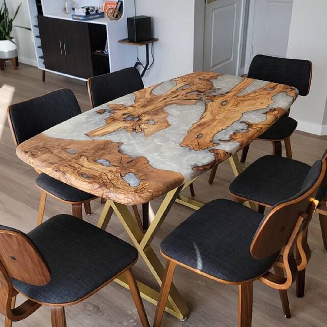 Handmade Olive Wood Dining Table: Pearl White Epoxy Resin, Custom ...