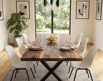 Mesa de madera maciza de nogal, mesa de comedor de madera con borde vivo, mesa de sala de conferencias, mesa de madera recuperada