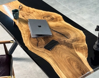 Mesa de cocina de losa de nogal epoxi negra hecha a mano, escritorio de epoxi de nogal, mesa de comedor con borde crudo, mesa de altura de