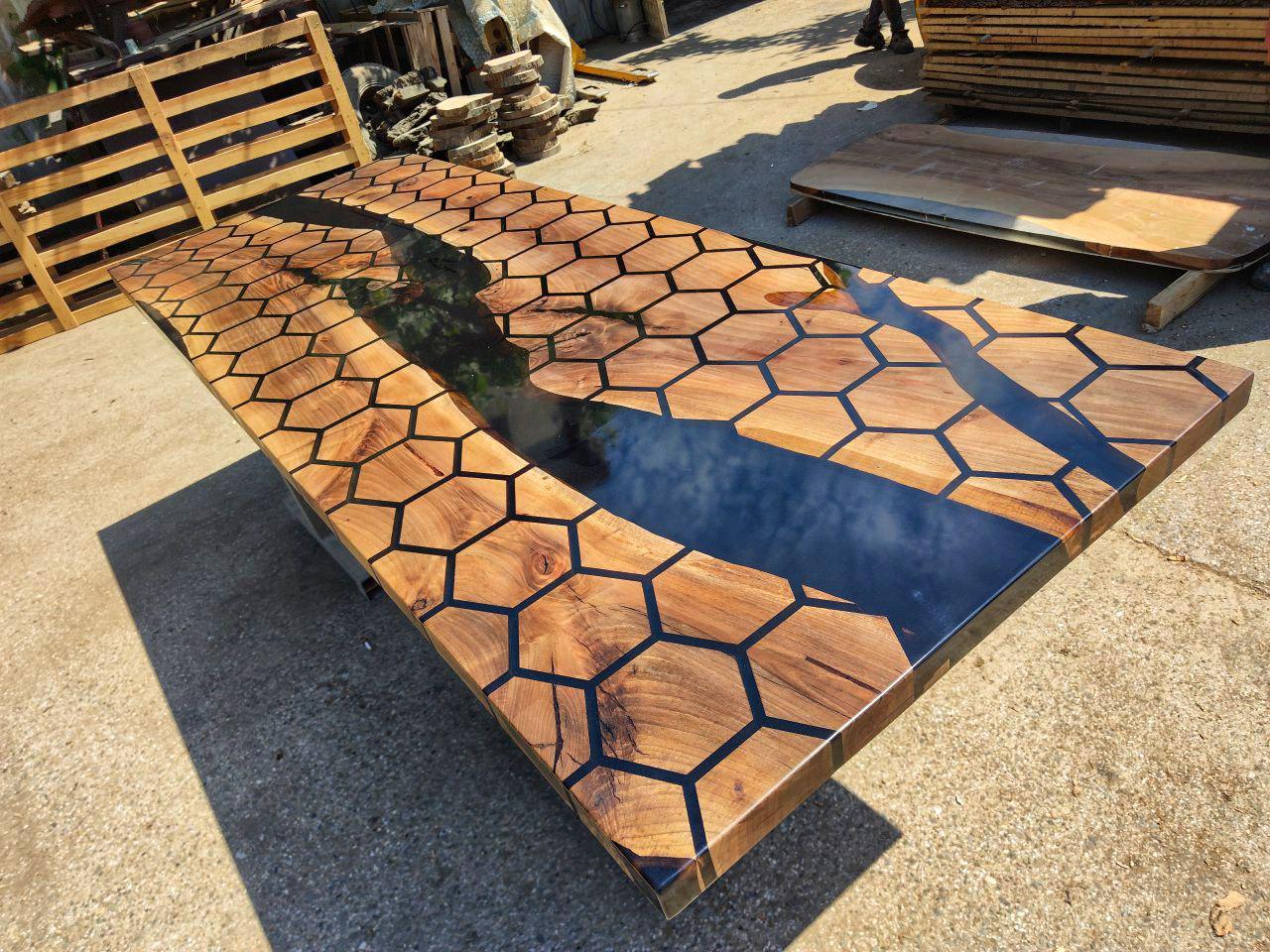 Honeycomb Walnut River Desk Hexagon Epoxy Resin Office Table Luxury ...