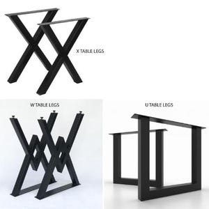 Puede incluir: Se muestran tres juegos de patas de mesa de metal negro sobre un fondo blanco. Los juegos incluyen dise&ntilde;os en forma de X, W y U. Se muestra el texto "X TABLE LEGS", "W TABLE LEGS" y "U TABLE LEGS".