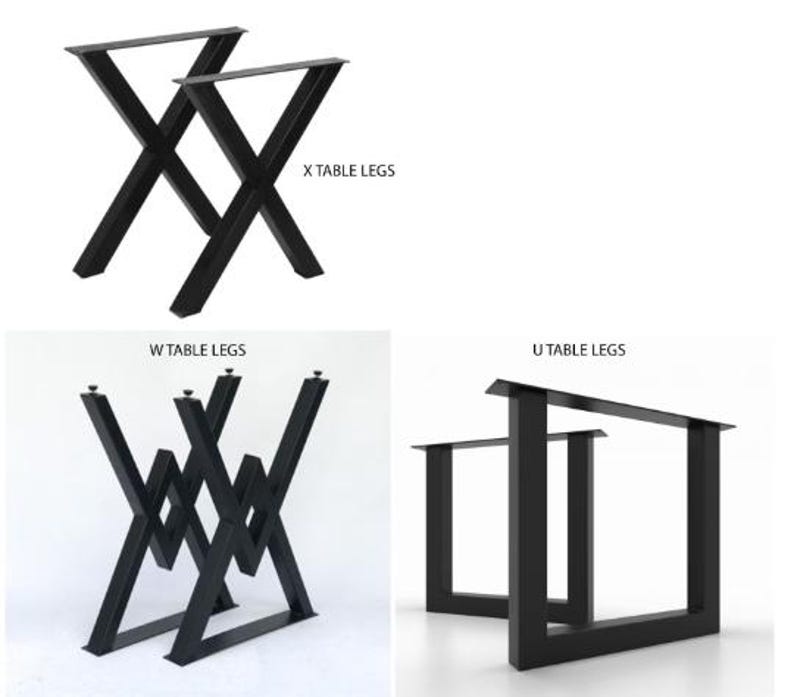 Puede incluir: Se muestran tres juegos de patas de mesa de metal negro sobre un fondo blanco. Los juegos incluyen dise&ntilde;os en forma de X, W y U. Se muestra el texto "X TABLE LEGS", "W TABLE LEGS" y "U TABLE LEGS".