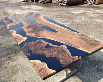 Walnotenhout, zwarte epoxy eettafel, houten tafel met live rand, tafel van zwarte hars, salontafel, tafelblad