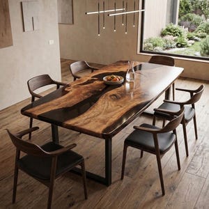 Mesa de Comedor de Nogal con Resina Epoxi – Madera Maciza, Hecho a Mano – Rústica o Moderna, Personalizada