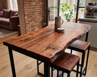 Live Edge Walnut Bar Table, Rustic Wood Kitchen Island, Solid Breakfast Bar