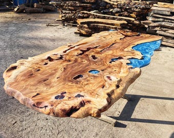 Blue Epoxy Elm Wood Dining Table, Custom Resin River Table