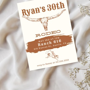 Modèle d'invitation de rodéo pour 30e anniversaire modifiable | Thème cow-boy western rustique | Téléchargement instantané Canvas