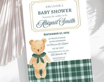 Teddy Bear Baby Shower Invitation: Dark Green Gingham, Classic Design (PDF File)