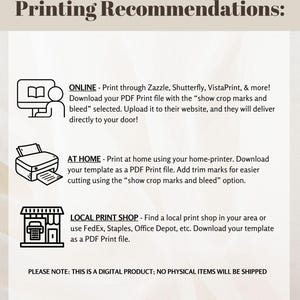 Peut inclure: Un graphique avec des recommandations d'impression pour les produits num&eacute;riques. Le graphique comprend trois ic&ocirc;nes repr&eacute;sentant l'impression en ligne, l'impression &agrave; domicile et les imprimeries locales. Le texte comprend des instructions pour t&eacute;l&eacute;charger et t&eacute;l&eacute;charger des fichiers, utiliser des marques de rognage et des saignements, et trouver des imprimeries locales.