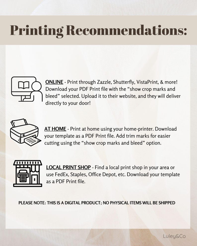 Peut inclure: Un graphique avec des recommandations d'impression pour les produits num&eacute;riques. Le graphique comprend trois ic&ocirc;nes repr&eacute;sentant l'impression en ligne, l'impression &agrave; domicile et les imprimeries locales. Le texte comprend des instructions pour t&eacute;l&eacute;charger et t&eacute;l&eacute;charger des fichiers, utiliser des marques de rognage et des saignements, et trouver des imprimeries locales.