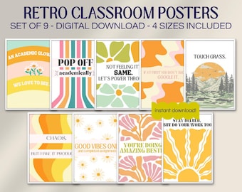 May include: A set of nine digital classroom posters featuring various graphic designs, including wavy patterns, floral motifs, sunbursts, and mountain landscapes in orange, yellow, pink, and green. The posters contain text such as "AN ACADEMIC GLOW UP," "POP OFF," and "TOUCH GRASS."