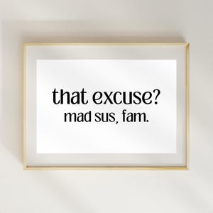 Peut inclure: Une impression encadr&eacute;e avec le texte "that excuse? mad sus, fam."