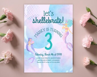 Invitación de cumpleaños de sirena: Fiesta submarina, plantilla editable de Canva (descarga digital)