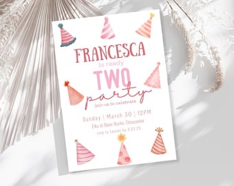 Ready Two Party Invitation | 2nd Birthday Party Hat Invite | Digital Download | Editable 5x7