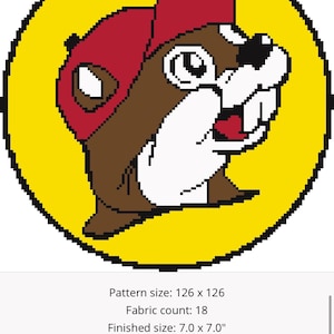 Puede incluir: Un patrón de punto de cruz con un castor pixelado con gorra roja sobre un fondo circular amarillo. El texto indica un tamaño de 126 x 126, tela de 18, tamaño final de 17,78 x 17,78 cm, 12.395 puntadas, 5 hebras y 18 madejas de hilo.